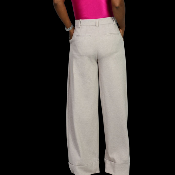 Express Stylist High Rise Pleated Wide Leg Trouser Beige Knit Cuffed Pant 2 Long - Picture 14 of 15